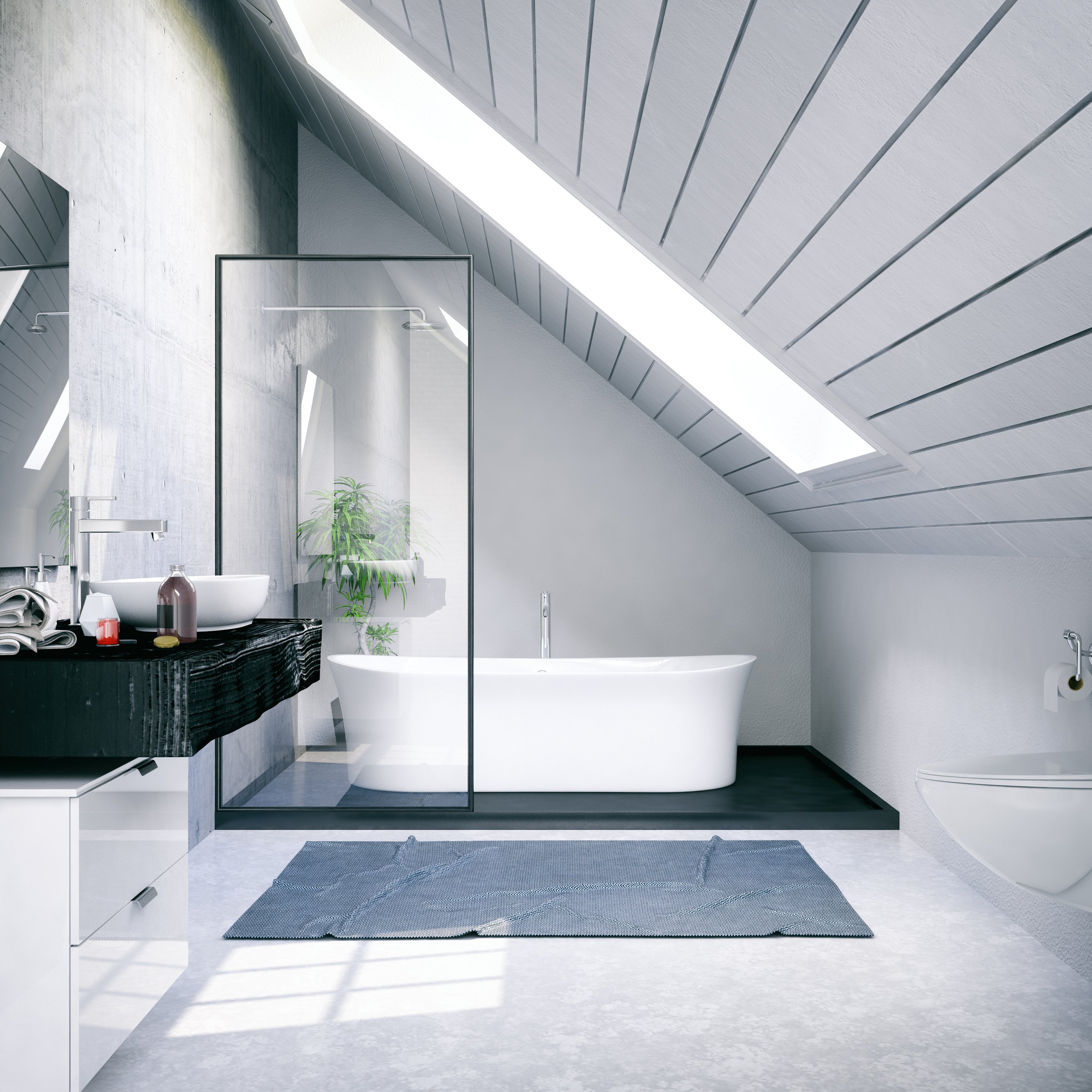 Modern gray loft bathroom with slanted shiplap ceiling and tub with single glass shower panel
